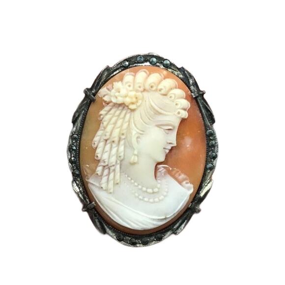 Vintage Jewelry - Antique Sterling Shell Carved Cameo Brooch